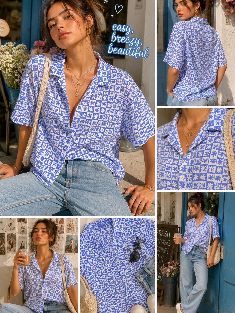 Daphnea Paris Blue Floral Checker Button-Up Shirt Medium